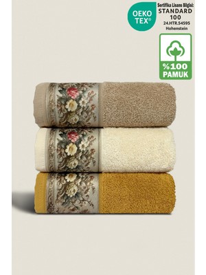 Ellaline Fıore 3'lü Havlu Seti %100 Pamuk Sertifikalı, Çiçek Desenli El / Yüz / Mutfak Havlusu 50X90CM
