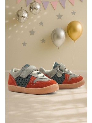 Rakerplus Bob Hakiki Deri Gri Yeşil Barefoot Cırtlı Lastikli Bebek Sneaker Ayakkabı