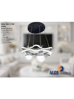 Alge Avize Kral Tacı 3 Top Siyah Modern LED Avize