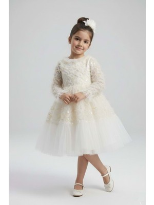 Mnk Baby & Kids Kız Çocuk Ispanyol Kol Tül Detaylı Kabarık Etekli Özel Gün Düğün Elbisesi M00793