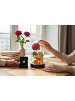 Masalsı Concept Cam Fanus Içinde Işıklı Gül + Peluş Ayıcık, Yanında Kolye Kutusu Sevililer Günü Hediyesi