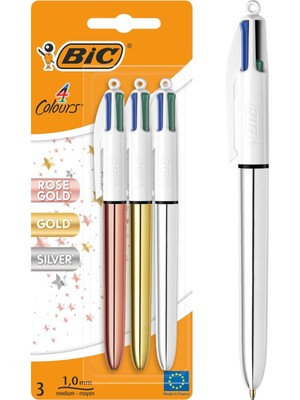 Delixa 4 Colours Shine Pembe,gümüş, Altın Gövde Tükenmez Kalem 3'lü Blister, 4 Renk Tükenmez Kalem
