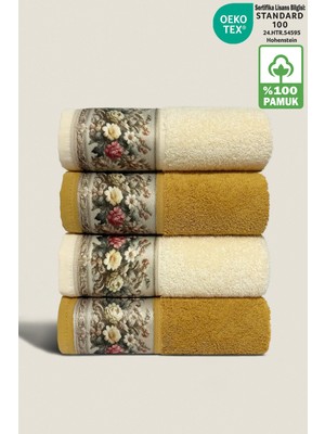 Ellaline Fıore 4'lü Havlu Seti %100 Pamuk Sertifikalı, Çiçek Desenli El / Yüz / Mutfak Havlusu 50X90CM