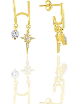 Normadia Parlak Zirkon Taşlı Çift Görünümlü Gümüş Yıldız Küpe