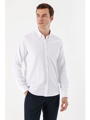 Morven  Erkek Beyaz Trend Jakar Desen Düğmeli Yaka Slim Fit Gömlek