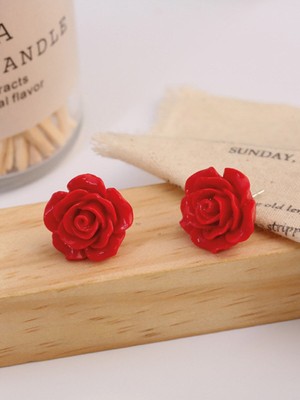 Normadia 925 Ayar Kırmızı Gül Model Kadın Gümüş Küpe 8 mm