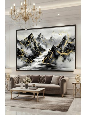 Safir Design Lüks Siyah ve Altın Soyut Manzara Duvar Sanatı | Modern Çerçeveli Tablo