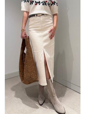 Magarde Kemerli Önü Yırtmaçlı Kalem Etek- Bej