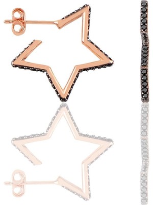 Normadia Şık Gümüş Rose Siyah Taşlı Yıldız Küpe, Zarif Takı Hediye Alternatifi