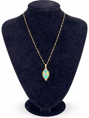 Pangu Altın Renk Turkuaz Taş Detaylı Figürlü Çelik Kolye