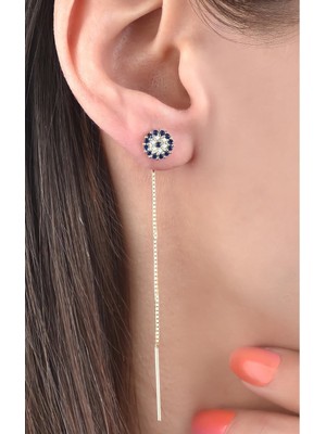 Normadia Zirkon Taşlı Gümüş 925 Ayar Asansör Zincir Nazar Model Küpe