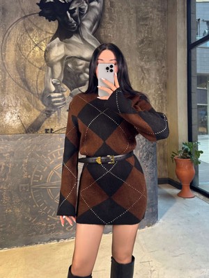 Vial Baklava Desenli Mini Triko Elbise  Kahve