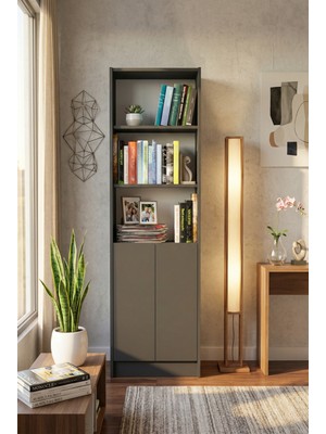 Yeti Mobilya FLAT56 Kitaplık 2 Kapaklı Kütüphane Çok Amaçlı Dolap Antrasit