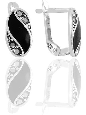 Normadia Şık Gümüş Siyah Mineli Oval Taşlı Zarif Küpe, Modern Takı Hediye