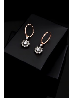 Normadia 925 Ayar Gümüş Rose Kaplama Elmas Montür Çiçek Halkalı Küpe