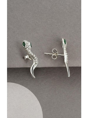 Normadia 925 Ayar Gümüş Yılan Zümrüt Gözlü Zirkon Taşlı Zarif Küpe