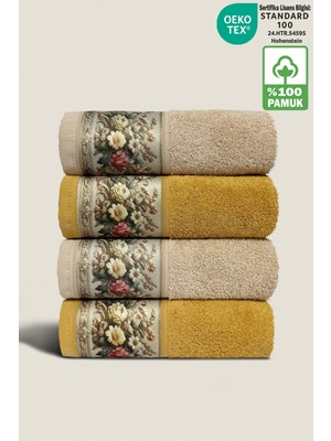 Ellaline Fıore 4'lü Havlu Seti %100 Pamuk Sertifikalı, Çiçek Desenli El / Yüz / Mutfak Havlusu 50X90CM