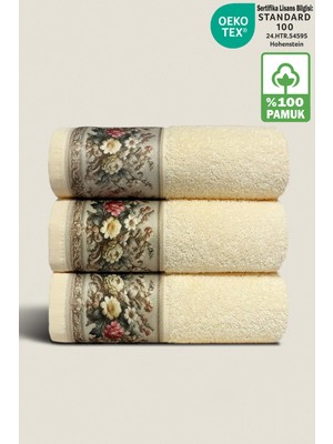 Ellaline Fıore 3'lü Havlu Seti %100 Pamuk Sertifikalı, Çiçek Desenli El / Yüz / Mutfak Havlusu 50X90CM