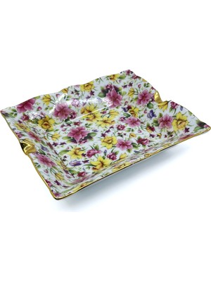 Bıyıklı Tobacco Altın Yaldızlı Çiçek Desenli Premium Porselen Küllük