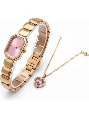Masalsı Concept Kadın Kol Saati ve Kalp Taşlı Kolye Seti | Pembe Kadran Altın Renk Şık Kombin Sevgiliye Hediye Saattir