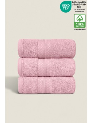 Ellaline 3'lü Havlu Seti %100 Pamuk Sertifikalı Elmas Desen Bordür Pembe El / Yüz Havlusu Takımı 50X80CM