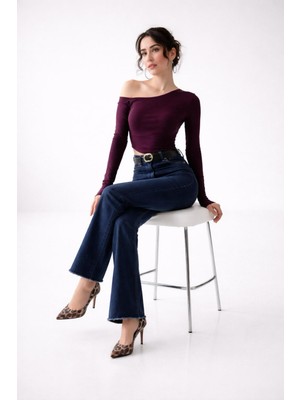 Sagre&Sisters Tek Omuz Uzun Kollu Mürdüm Crop Bluz