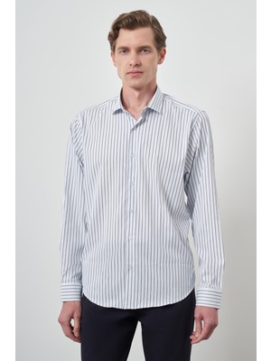 Morven  Erkek A-Beyaz Trend Çizgili Slim Fit Italyan Yaka Gömlek