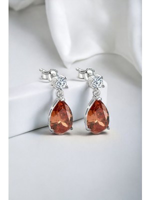 Normadia Gümüş 925 Ayar Rodyumlu Zirkon Taşlı Şampanya Damla Küpe