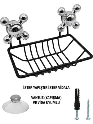Tesitay Vidalı ve Vantuzlu Siyah Renk Sabunluk Şampuanlık Mutfak Banyo Lavabo Için Uygundur