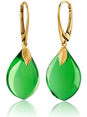 Normadia Yeşil Köşeli Damla Kesim Kehribar Küpe 925 Gümüş Altın Kaplama