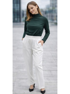 Kadın Beli Lastikli  Cepli Beyaz Pantolon