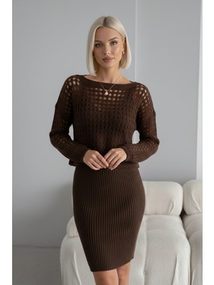 Kadın Kahverengi Ajurlu Delikli Kazak ve Fitilli Triko Elbise Ikili Takım - Yumuşak Dokulu Örme Alt Üst Takım
