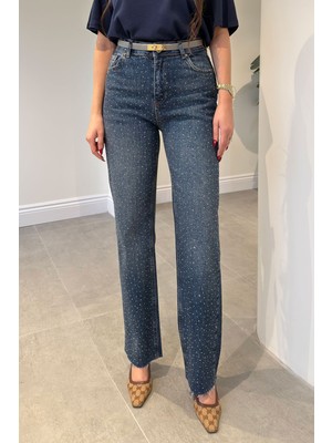 Magarde Kar Yıkama Taşlı Kesik Paca Jean- Mavi