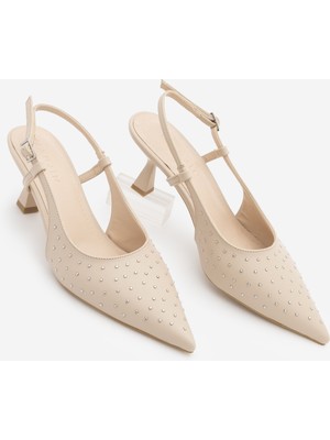 Marjin Kadın Stiletto Sivri Burun Arkası Açık Zımba Detaylı Topuklu Ayakkabı Timon Bej