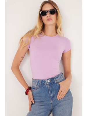 Tudors Kadın Regular Fit Klasik Kesim Bisiklet Yaka Viskon Kumaş Ultra Soft lila Tişört