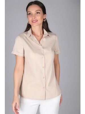 SWEETNESS Kadın Açık Bej Likralı Kısa Kol Pamuklu gömlek