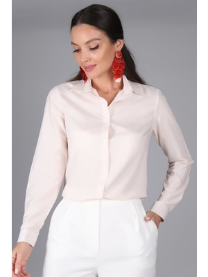 Sweetness Kadın Bej Renk Çizgili Uzun Kollu Gömlek