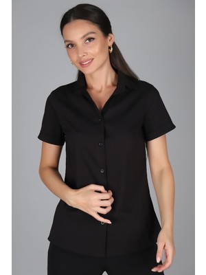 SWEETNESS Kadın Siyah Kısa Kollu Pamuklu Likralı Gömlek