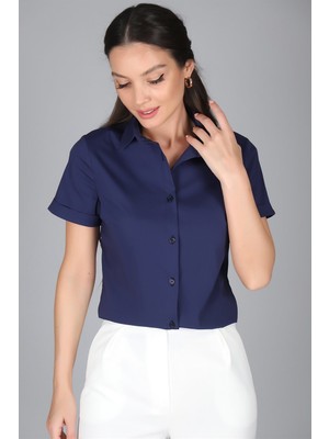 SWEETNESS Kadın Lacivert Kısa Kollu Pamuklu Likralı Gömlek