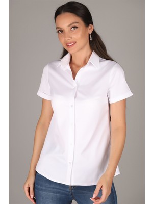 SWEETNESS Kadın Beyaz Kısa Kollu Likralı Pamuklu Klasik Gömlek