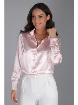 SWEETNESS Kadın Pudra Pembe Saten Uzun Kol Abiye Gömlek