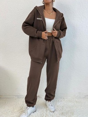 Trendseninle Kahverengi Kadın Kahve Sierra Nevada Baskılı Hırka Jogger Oversize Eşofman Takımı