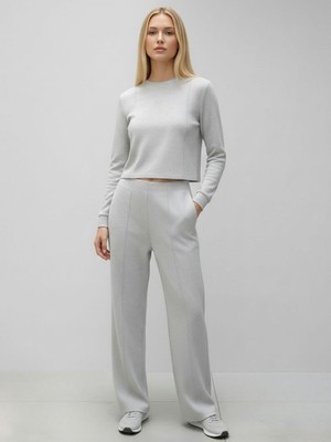 Trendseninle Kadın Gri Fitilli Örme Bel Boyu Bluz Pantolon Takım