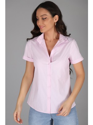SWEETNESS Kadın Pembe Kısa Kol Likralı Pamuklu Klasik Gömlek