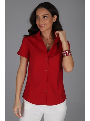SWEETNESS Kadın Bordo Kısa Kol Pamuklu Likralı Gömlek