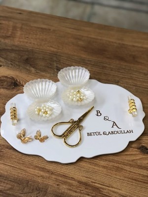 Masalsı Concept Kelebek Süslemeli Pleksi Söz Tepsisi Nişan Tepsisi Kız Isteme Tepsisi Yüzüklük Makas