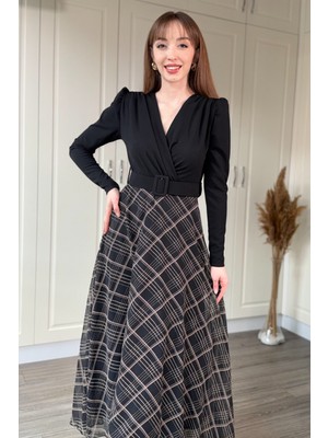 Dilay Gökoğlu Butik Vatkalı Ekose Etek Kemerli Midi Siyah Elbise