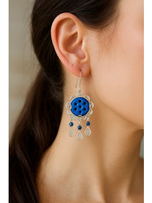 Normadia El Işçiliği Gümüş Telkari Süryani Nazar Boncuklu Küpe