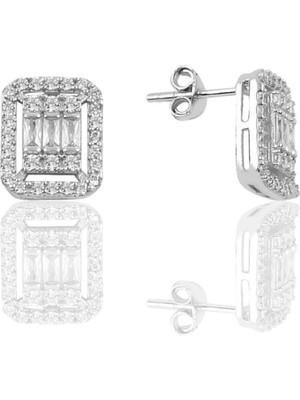 Normadia Beyaz Altın Rodyum Kaplamalı Gümüş Zirkon Taşlı Çizgili Küpe