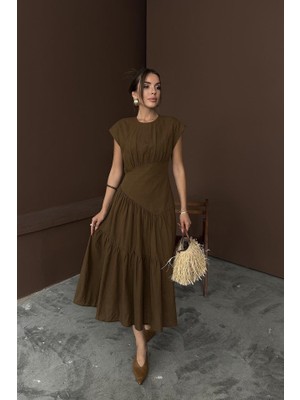 Başak Collection Kahverengi Büzgü Detaylı Keten Elbise